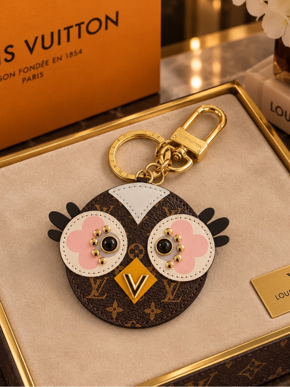 Luxury Fashion Monogram Owl Key & Card Holder - Brown, Pink & White